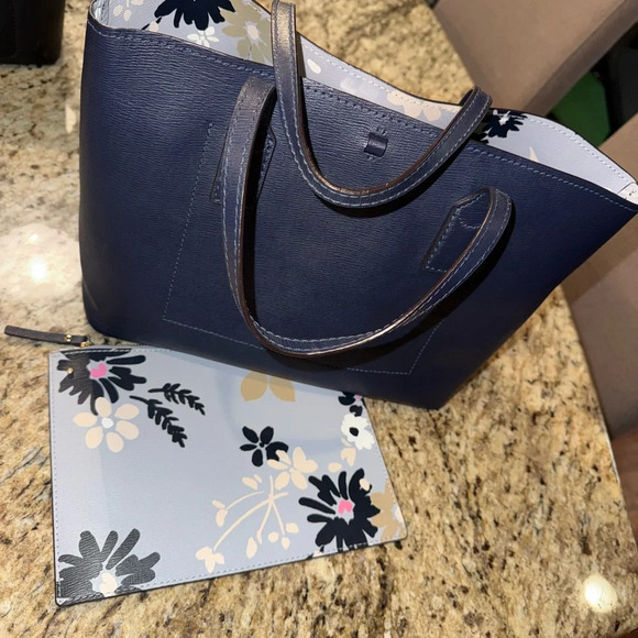 Kate Spade Navy Blue Tote Bag with Floral Pouch - Picture 3 of 4